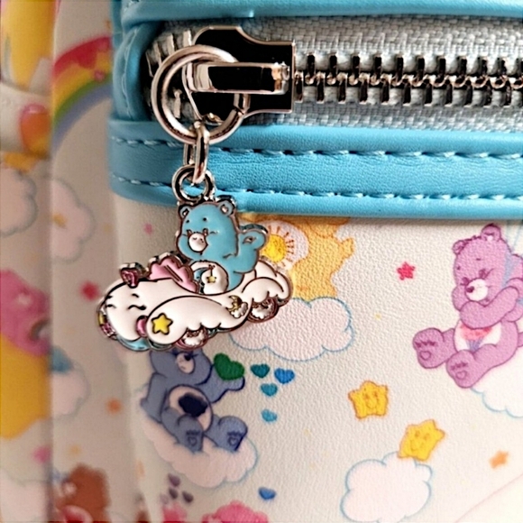 Loungefly Care Bears AOP Rainbow & Clouds Mini Backpack, White & Turquoise, NEW